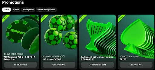 Section des promotions sur le site Spinit en français, affichant des bonus de bienvenue, dépôts, tournois, et offres spéciales avec visuels verts.