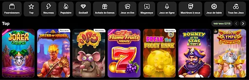 Section des jeux populaires sur le site Spinit avec interface en français, montrant des machines à sous comme Joker Cashpot, Gates of Hades, Flame Fruits Frenzy et Break the Piggy Bank.